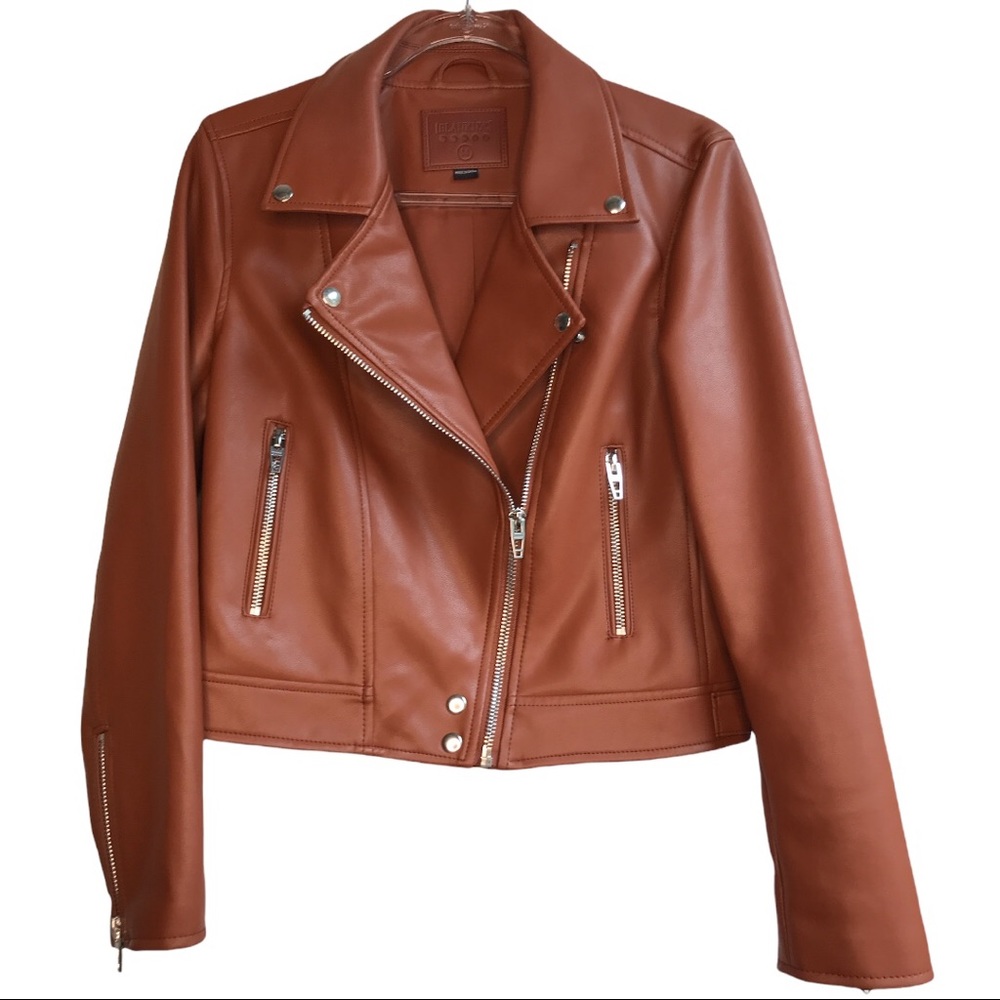 Moto jacket brown tan silver tone stud zippers FAUX leather BLANKNYC size medium